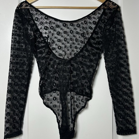 Victoria's Secret Tops - Victoria's Secret Black Sheer‎ Floral Lace Long Sleeve Open Back Thong Bodysuit